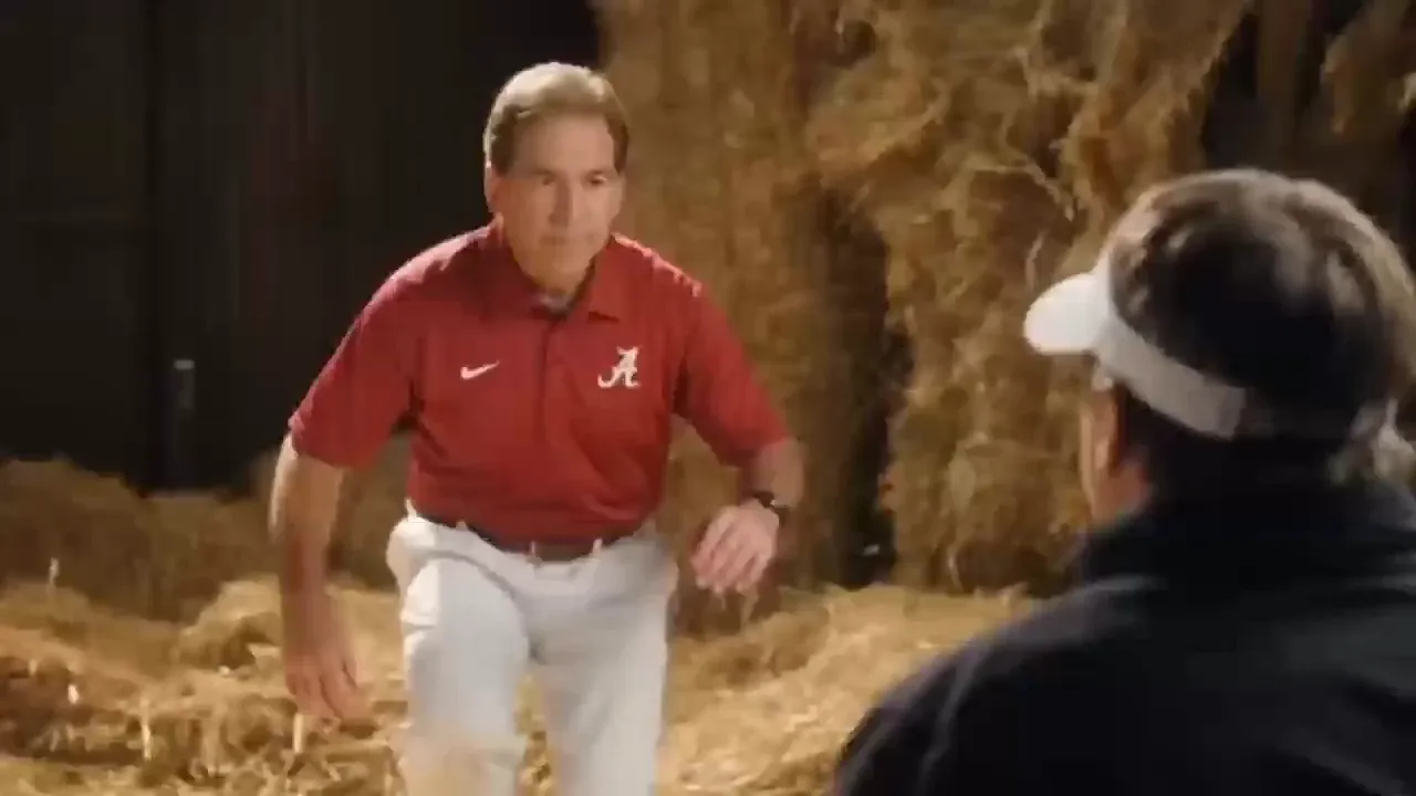 Rumpelstiltskin tiptoe meme remix: a football coach in a red polo sneaks into the barn